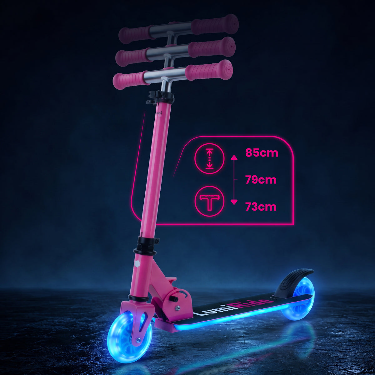 LUMI RIDE Two-wheeled scooter for children, foldable, adjustable, LED, 7 colors, 20 programs, fuchsia, Sun Baby 