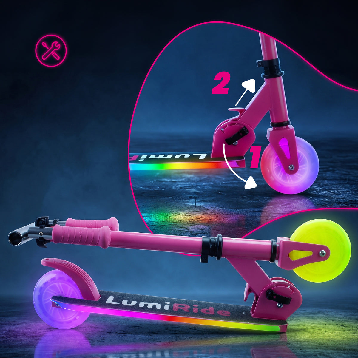 LUMI RIDE Two-wheeled scooter for children, foldable, adjustable, LED, 7 colors, 20 programs, fuchsia, Sun Baby 