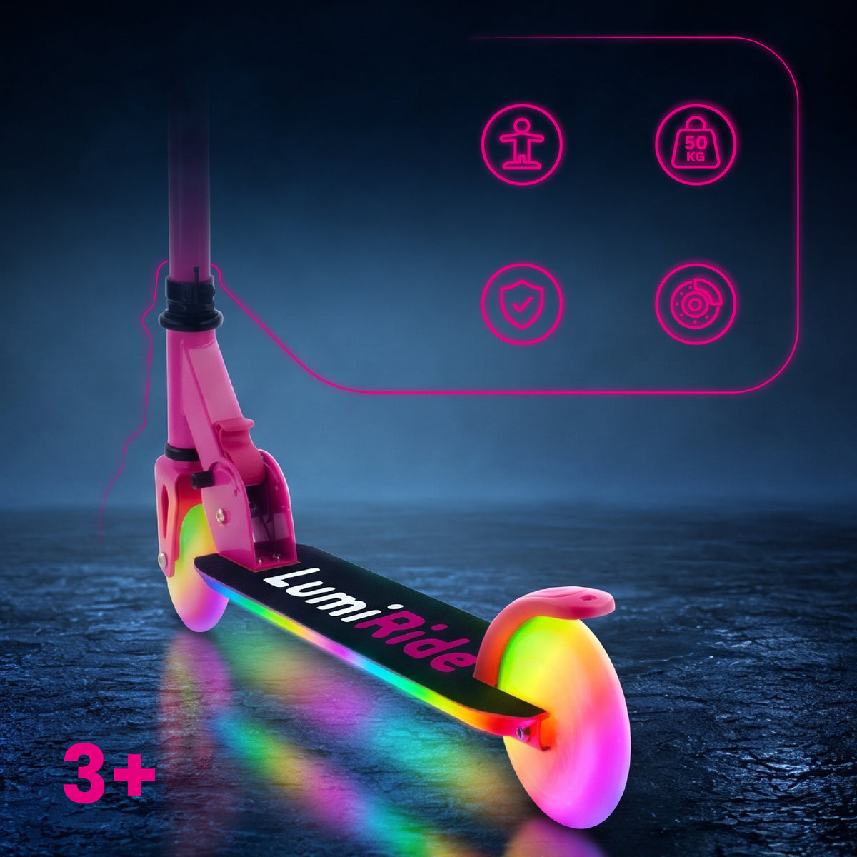 LUMI RIDE Two-wheeled scooter for children, foldable, adjustable, LED, 7 colors, 20 programs, fuchsia, Sun Baby 