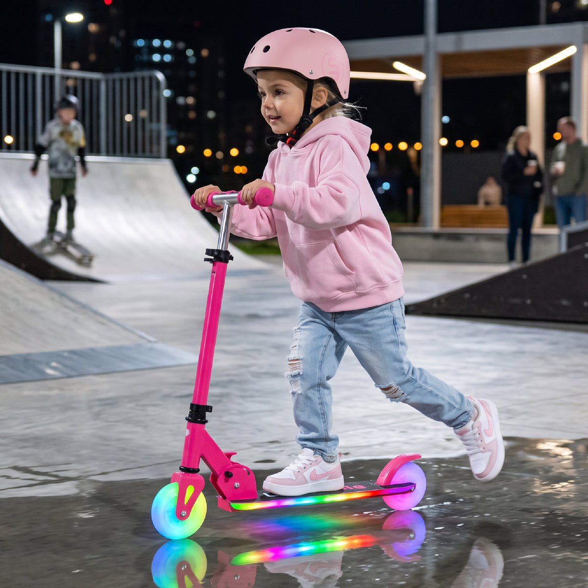 LUMI RIDE Two-wheeled scooter for children, foldable, adjustable, LED, 7 colors, 20 programs, fuchsia, Sun Baby 