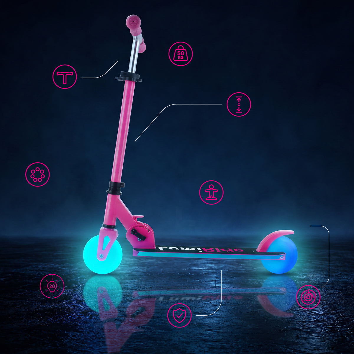 LUMI RIDE Two-wheeled scooter for children, foldable, adjustable, LED, 7 colors, 20 programs, fuchsia, Sun Baby 
