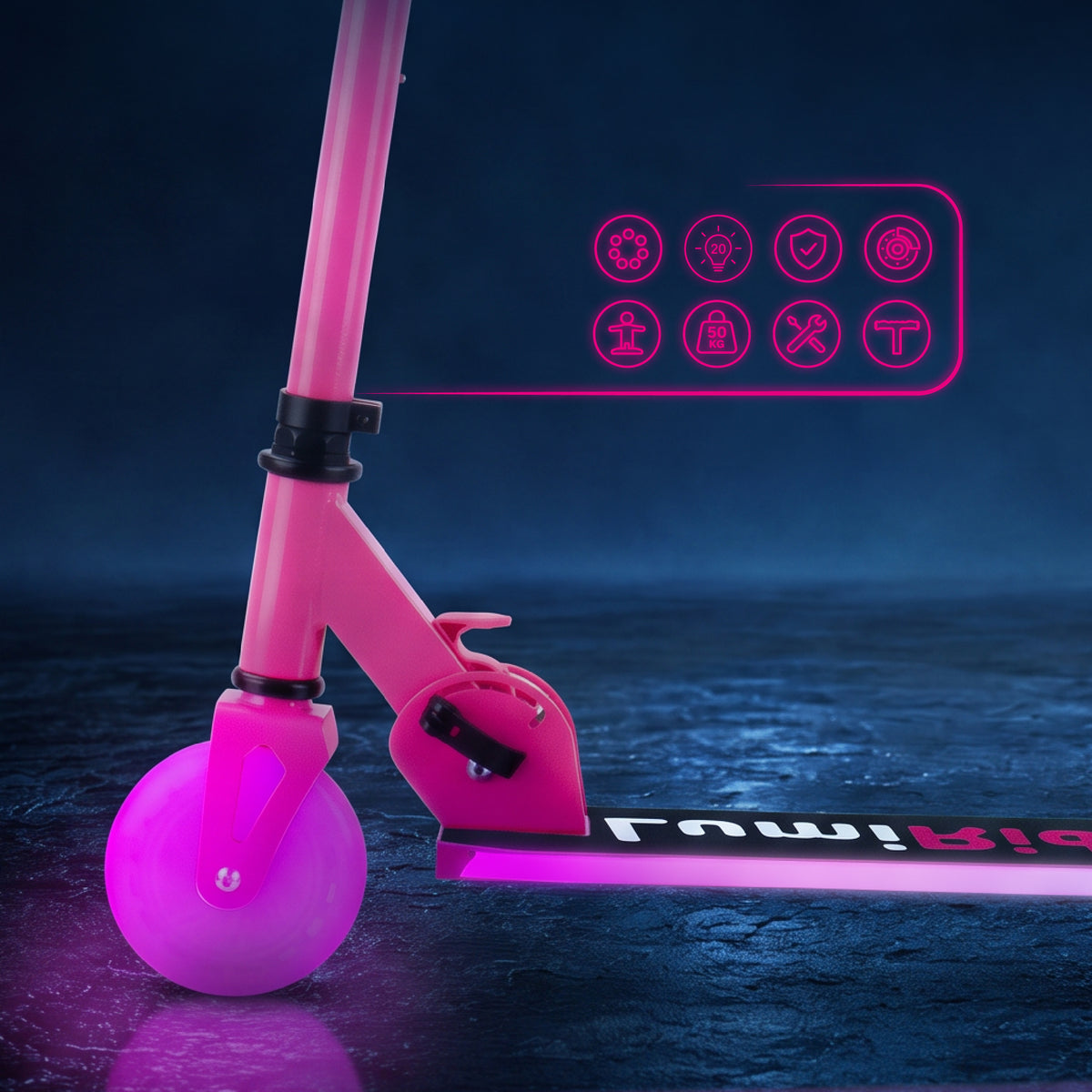 LUMI RIDE Two-wheeled scooter for children, foldable, adjustable, LED, 7 colors, 20 programs, fuchsia, Sun Baby 