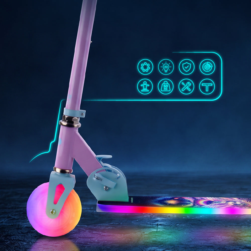 LUMI RIDE Hulajnoga dwukołowa dla dzieci składana regulowana LED 7 kolorów 20 programów Unicorn Sun Baby