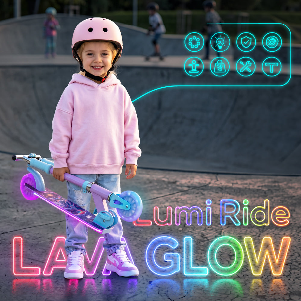 LUMI RIDE Hulajnoga dwukołowa dla dzieci składana regulowana LED 7 kolorów 20 programów Unicorn Sun Baby