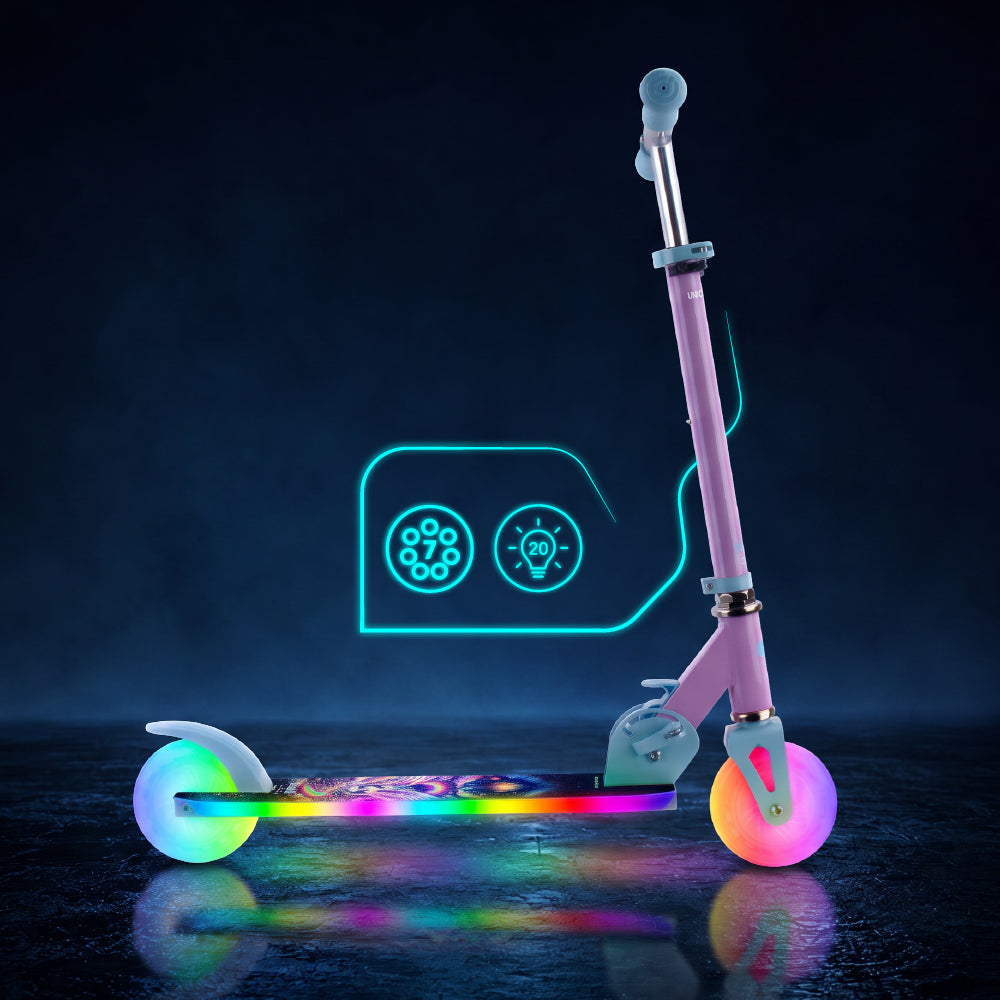 LUMI RIDE Hulajnoga dwukołowa dla dzieci składana regulowana LED 7 kolorów 20 programów Unicorn Sun Baby
