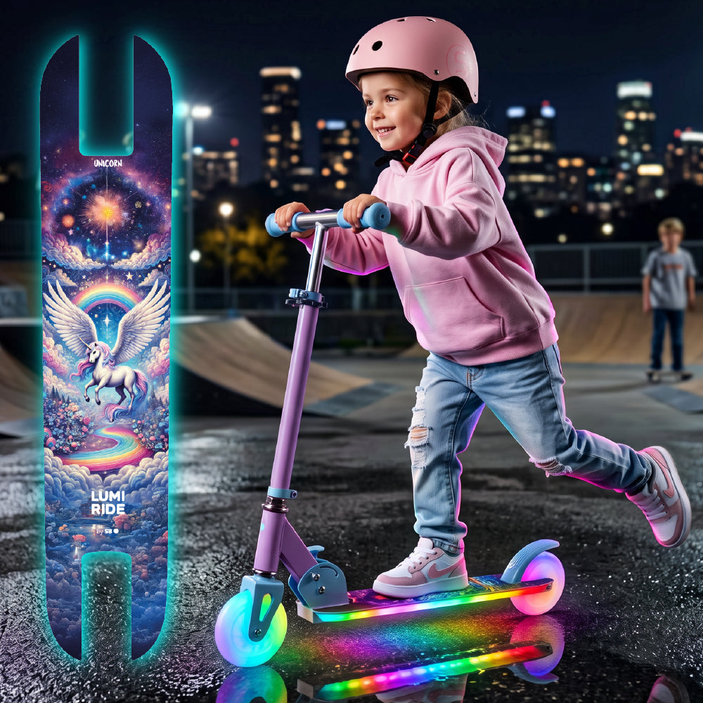 LUMI RIDE Hulajnoga dwukołowa dla dzieci składana regulowana LED 7 kolorów 20 programów Unicorn Sun Baby