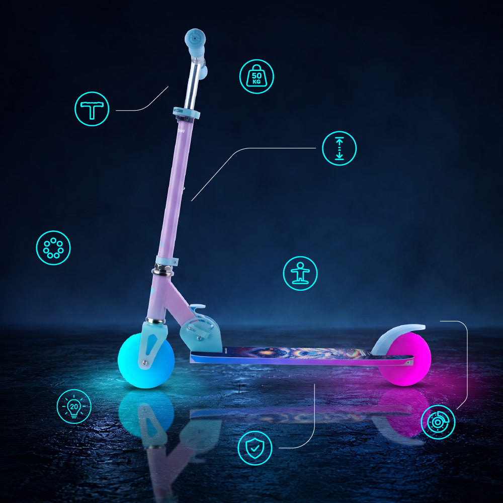 LUMI RIDE Hulajnoga dwukołowa dla dzieci składana regulowana LED 7 kolorów 20 programów Unicorn Sun Baby