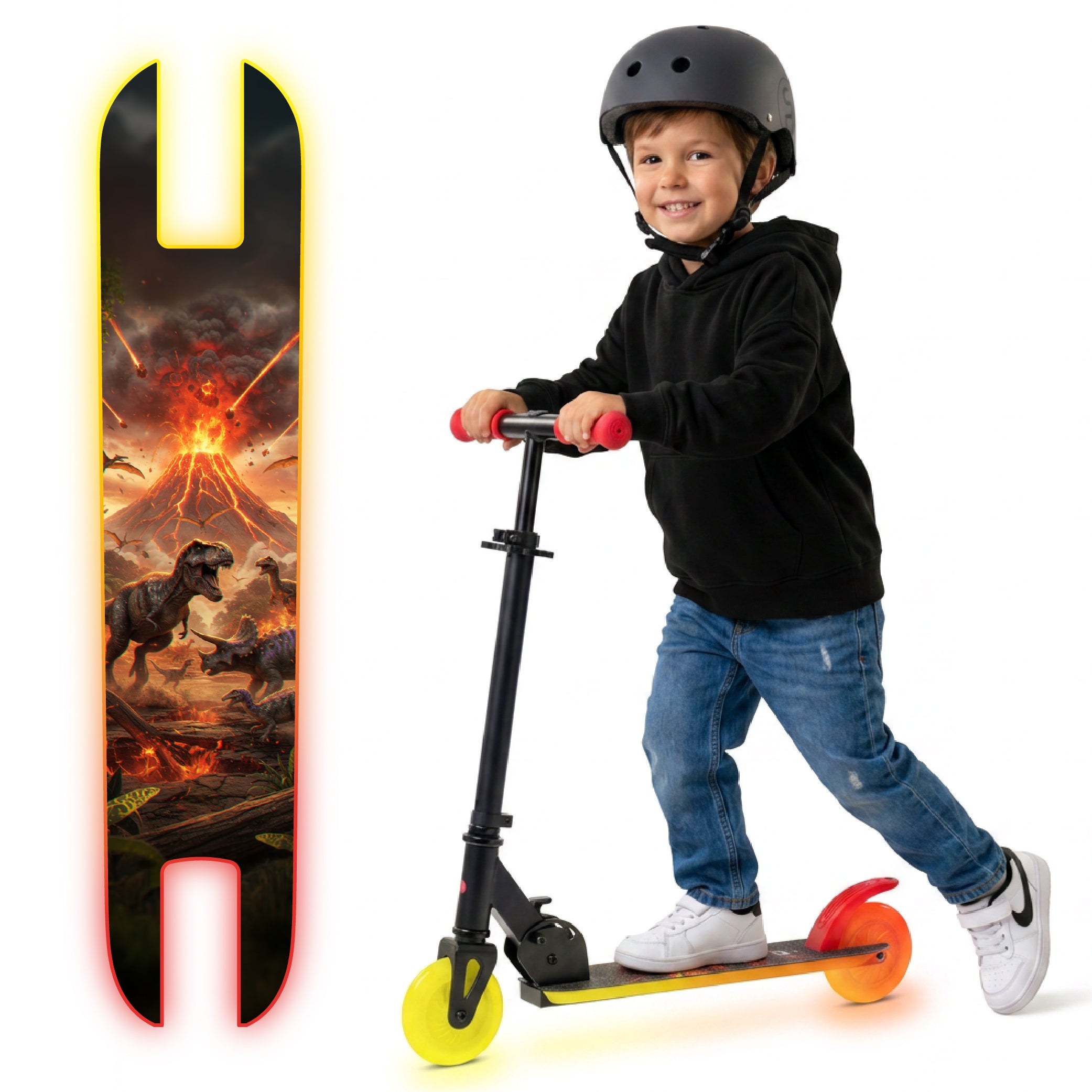 LUMI RIDE Hulajnoga dwukołowa dla dzieci składana regulowana LED 7 kolorów 20 programów DINOZAURY czarny Sun Baby