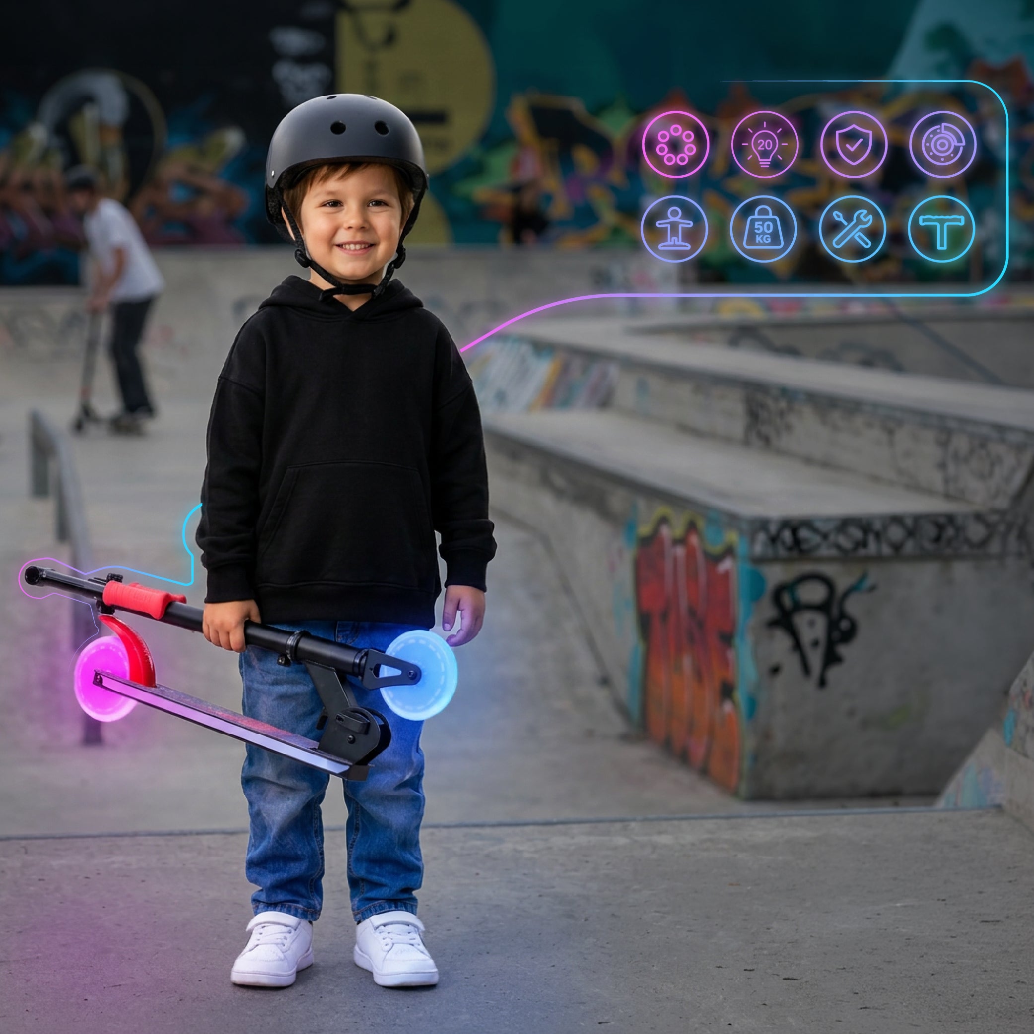 LUMI RIDE Hulajnoga dwukołowa dla dzieci składana regulowana LED 7 kolorów 20 programów DINOZAURY czarny Sun Baby