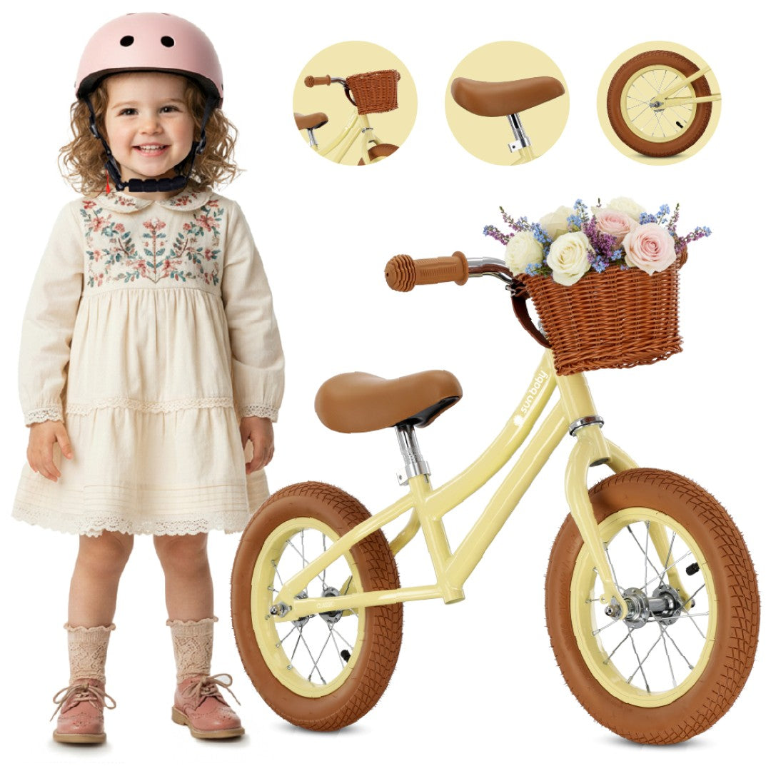 Laufrad für Kinder, Fahrradkorb, Licht, Retro-Luftreifen, klassisches Buttergelb