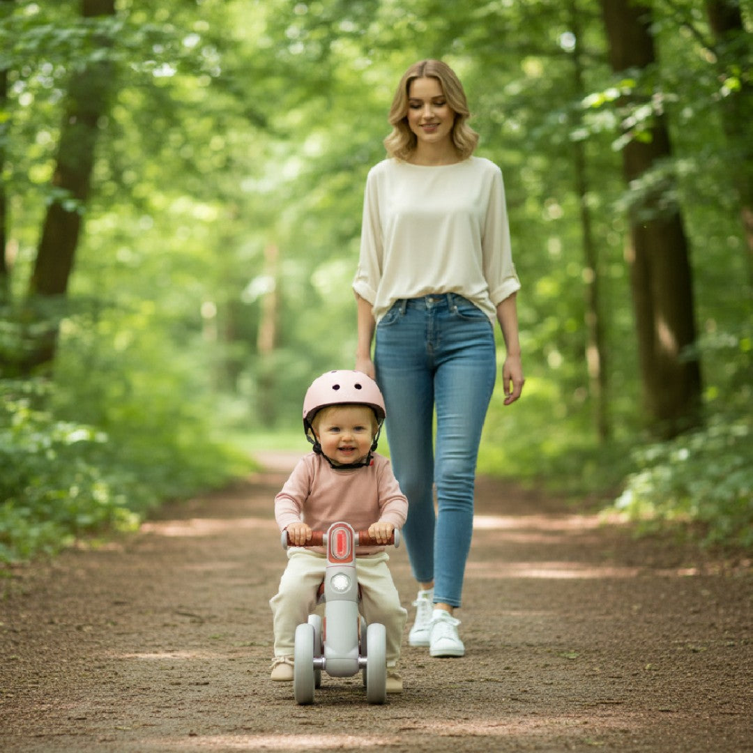 Lekki Rowerek biegowy 4 koła Biegówka Jeździk dla dzieci 2,3 kg LED Zoomi różowy