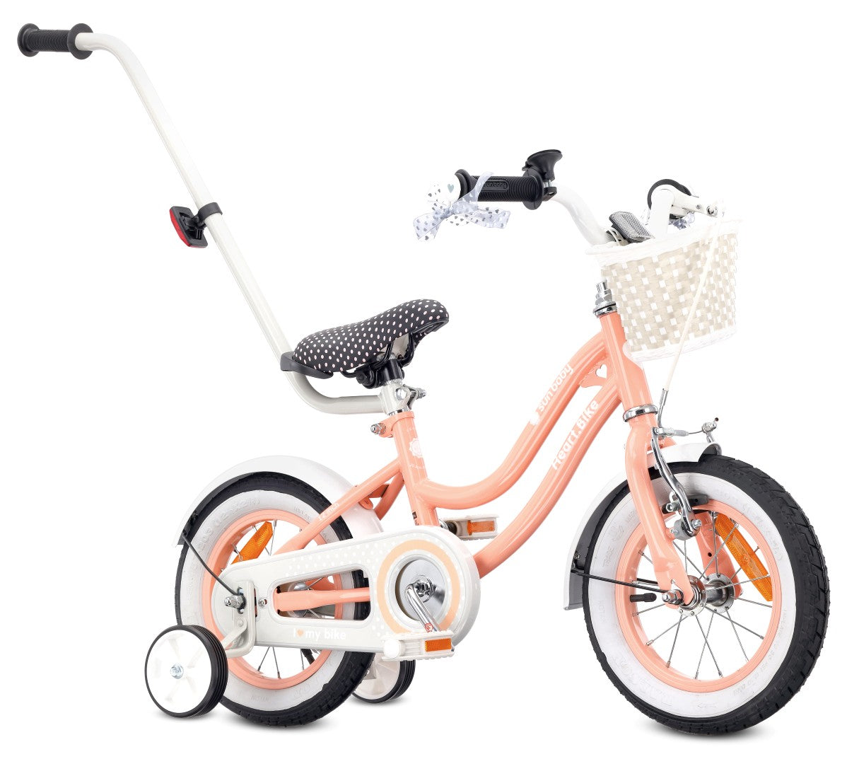 Rower dziecięcy Rower dla dziewczynki 12 cali Koszyk Prowadnik Kółka boczne Heart Bike morelowy Sun Baby