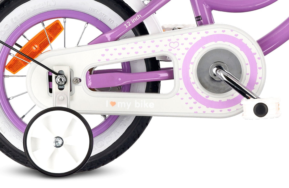 Rower dziecięcy Rower dla dziewczynki 12 cali Koszyk Prowadnik Kółka boczne Heart Bike fioletowy Sun Baby