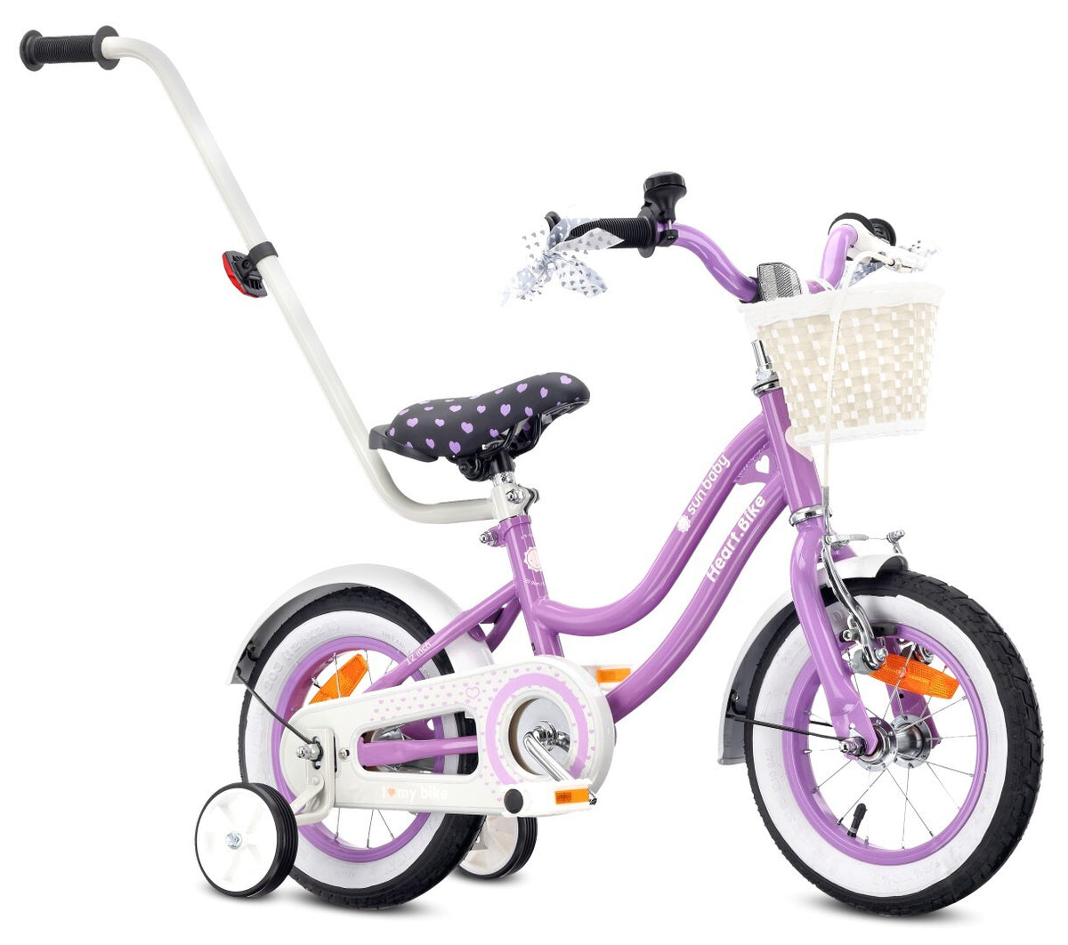 Rower dziecięcy Rower dla dziewczynki 12 cali Koszyk Prowadnik Kółka boczne Heart Bike fioletowy Sun Baby