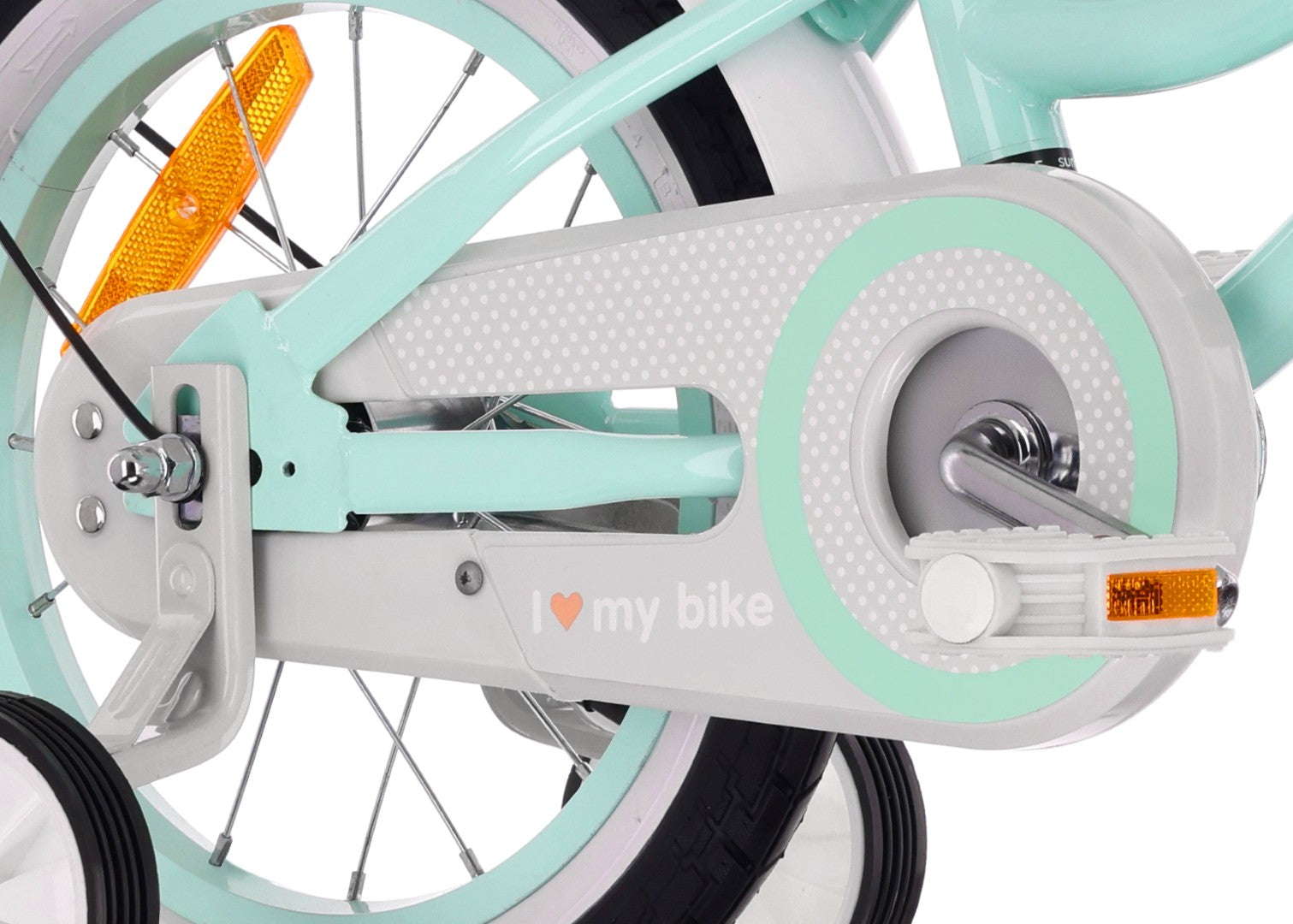 14-Zoll-Mädchenfahrrad mit Schieber, Seitenrädern und Korb, Heart Bike, mintgrün