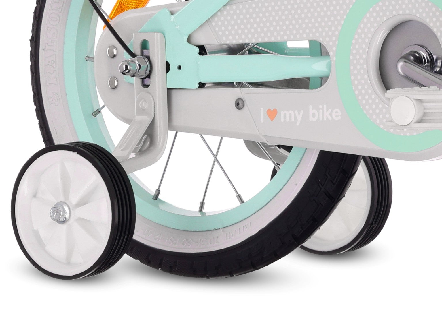 14-Zoll-Mädchenfahrrad mit Schieber, Seitenrädern und Korb, Heart Bike, mintgrün