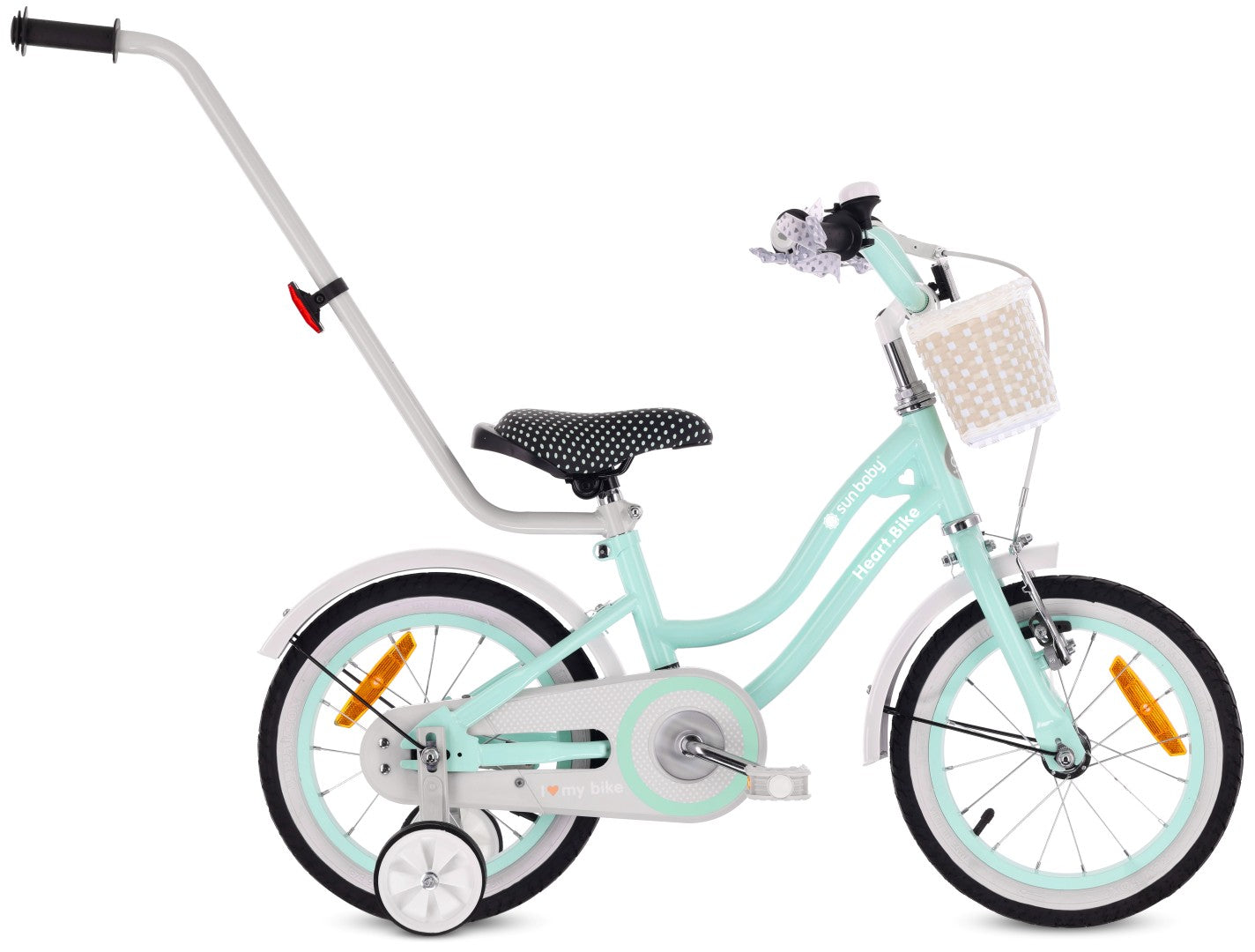 14 inch girl's bike with pusher, side wheels, basket, Heart bike, mint