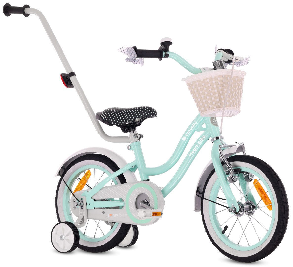 14-Zoll-Mädchenfahrrad mit Schieber, Seitenrädern und Korb, Heart Bike, mintgrün