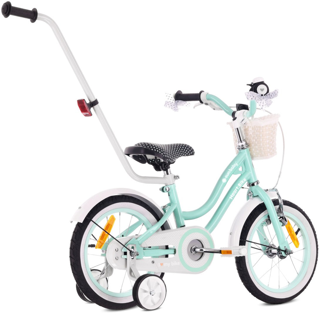 14-Zoll-Mädchenfahrrad mit Schieber, Seitenrädern und Korb, Heart Bike, mintgrün