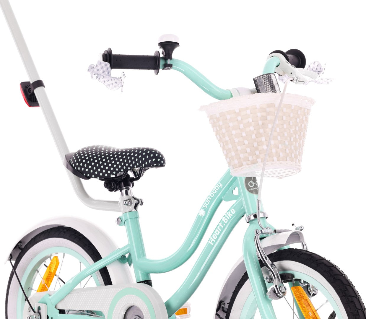 14-Zoll-Mädchenfahrrad mit Schieber, Seitenrädern und Korb, Heart Bike, mintgrün