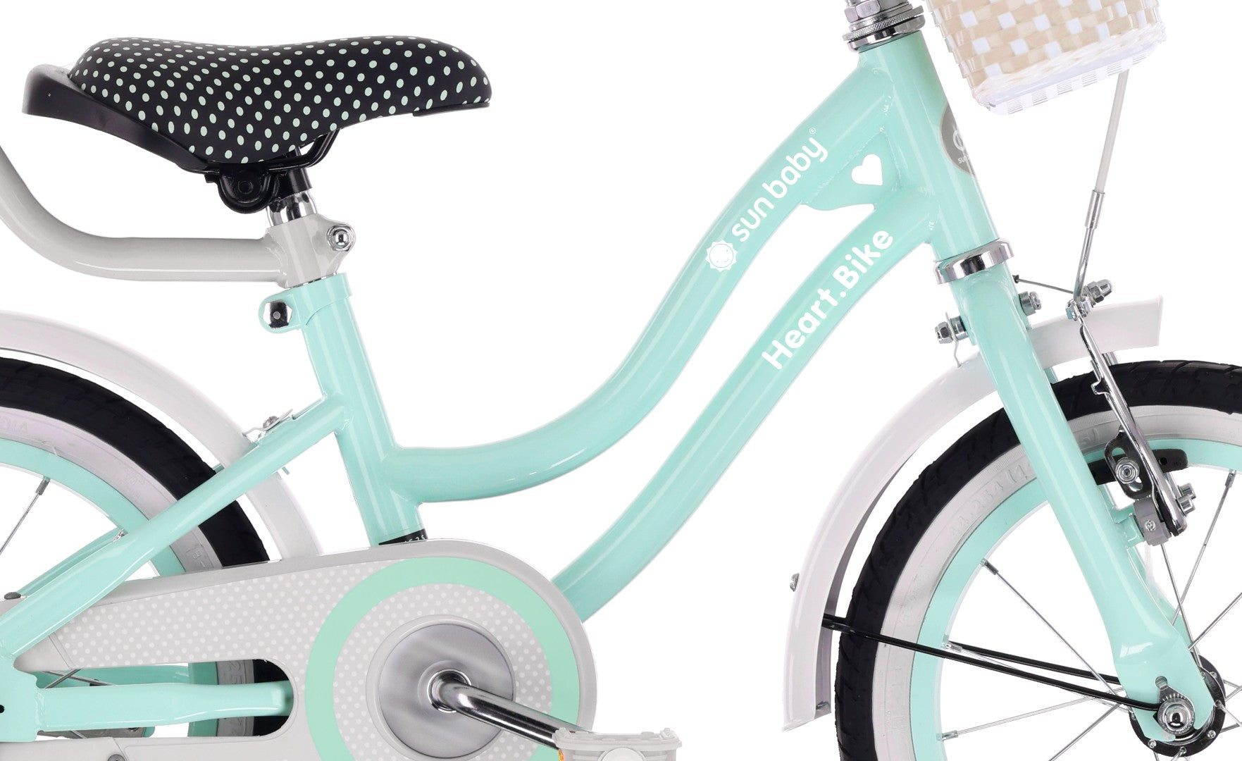 14-Zoll-Mädchenfahrrad mit Schieber, Seitenrädern und Korb, Heart Bike, mintgrün