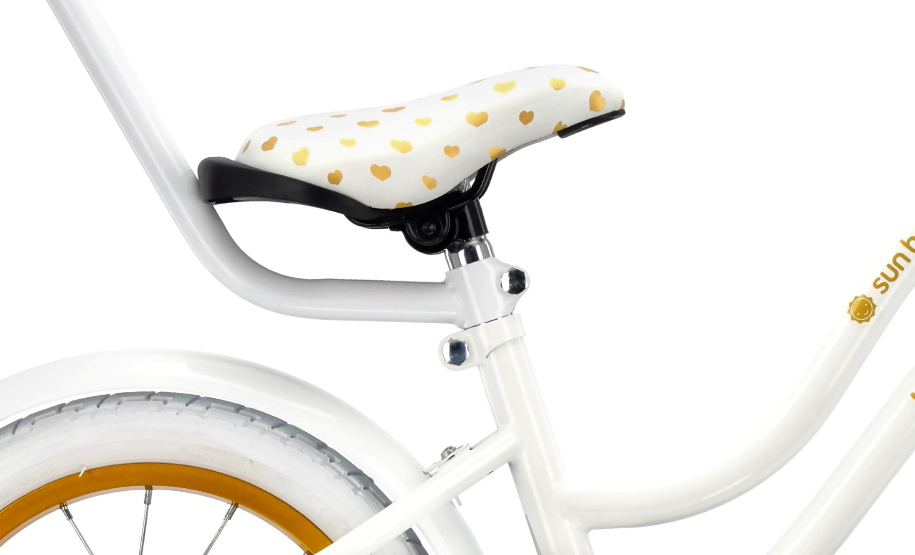 14-Zoll-Mädchenfahrrad, Schieber, Seitenräder, Korb, Herz-Fahrrad, weiß und gold