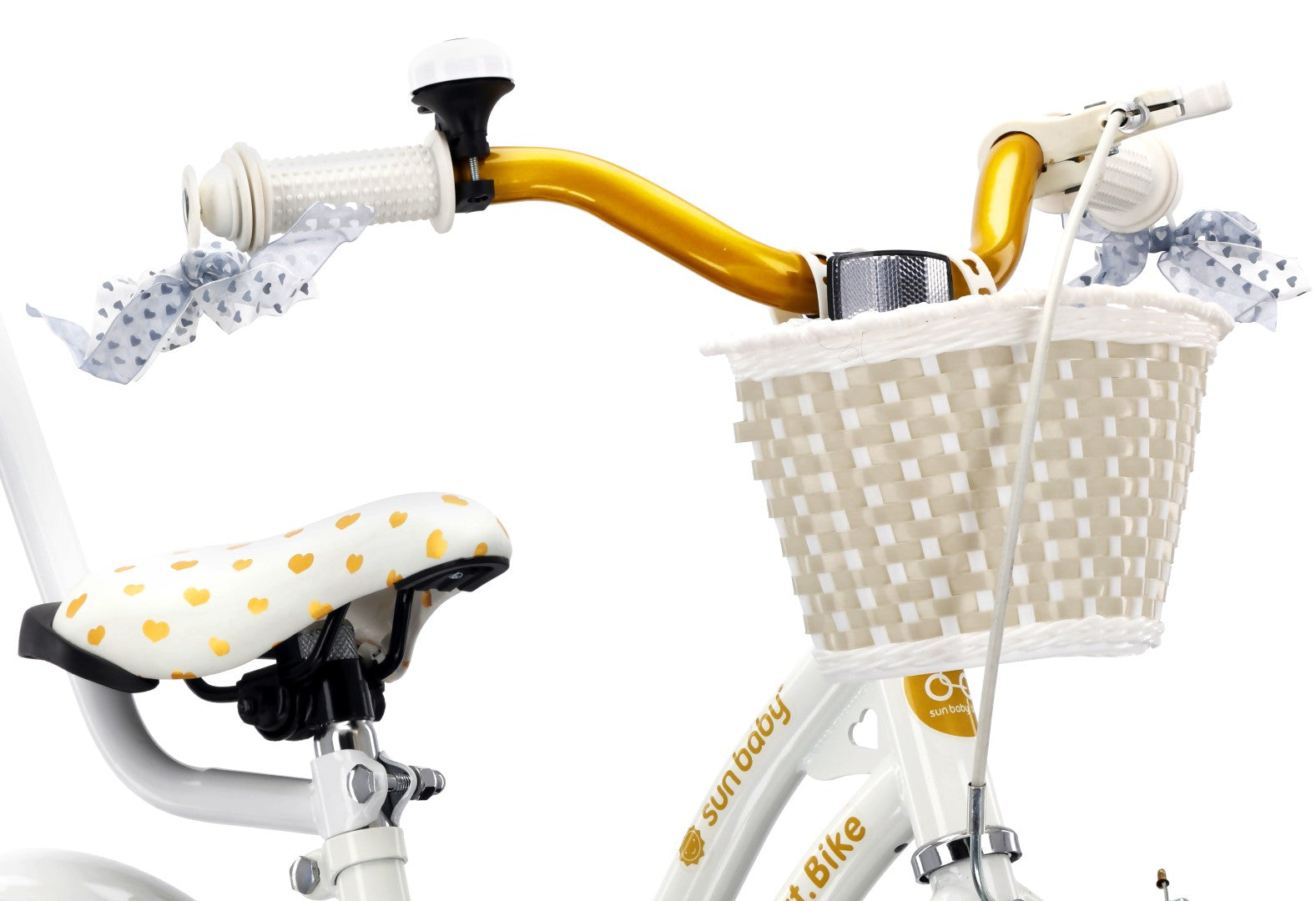 14-Zoll-Mädchenfahrrad, Schieber, Seitenräder, Korb, Herz-Fahrrad, weiß und gold