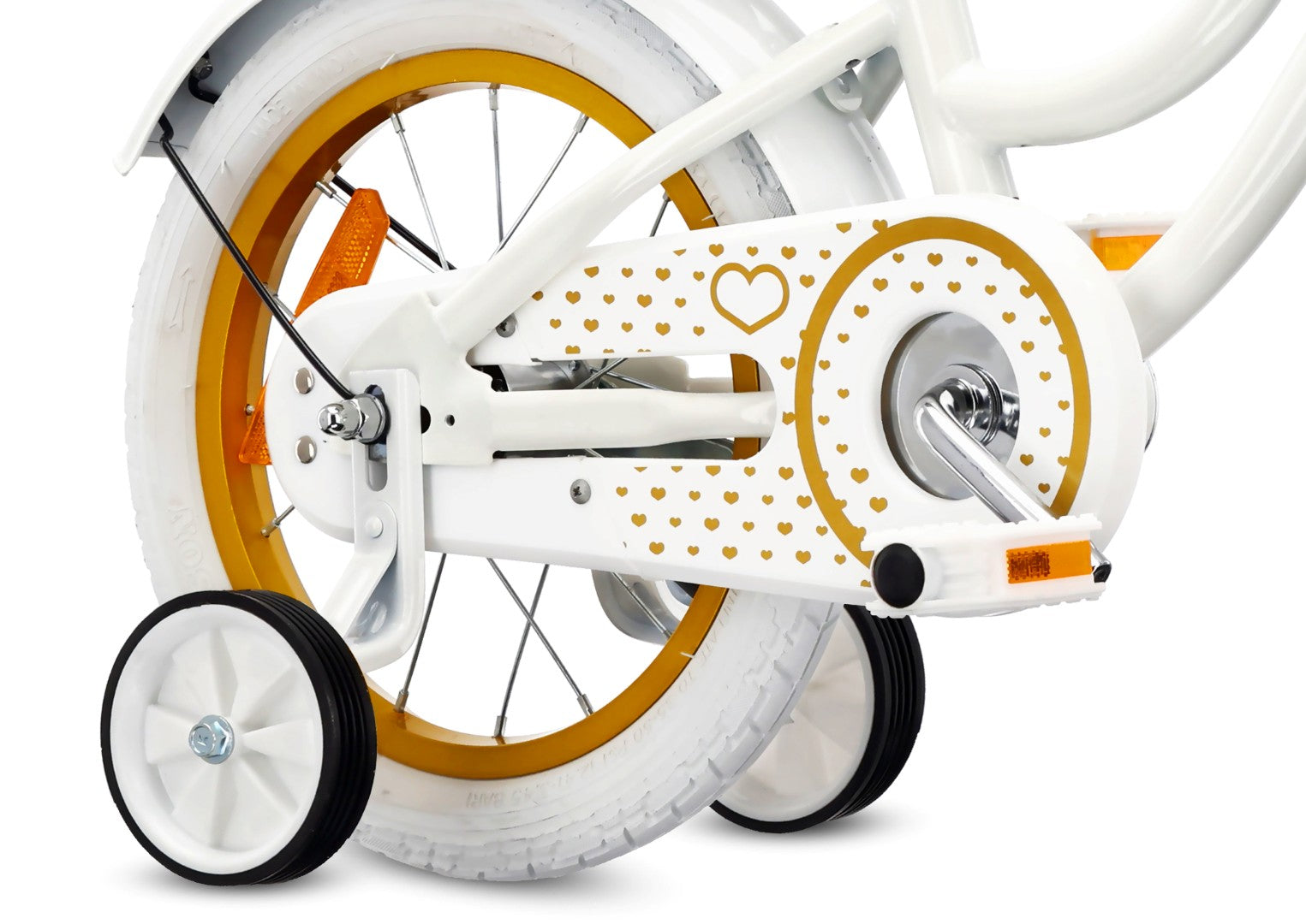 14-Zoll-Mädchenfahrrad, Schieber, Seitenräder, Korb, Herz-Fahrrad, weiß und gold