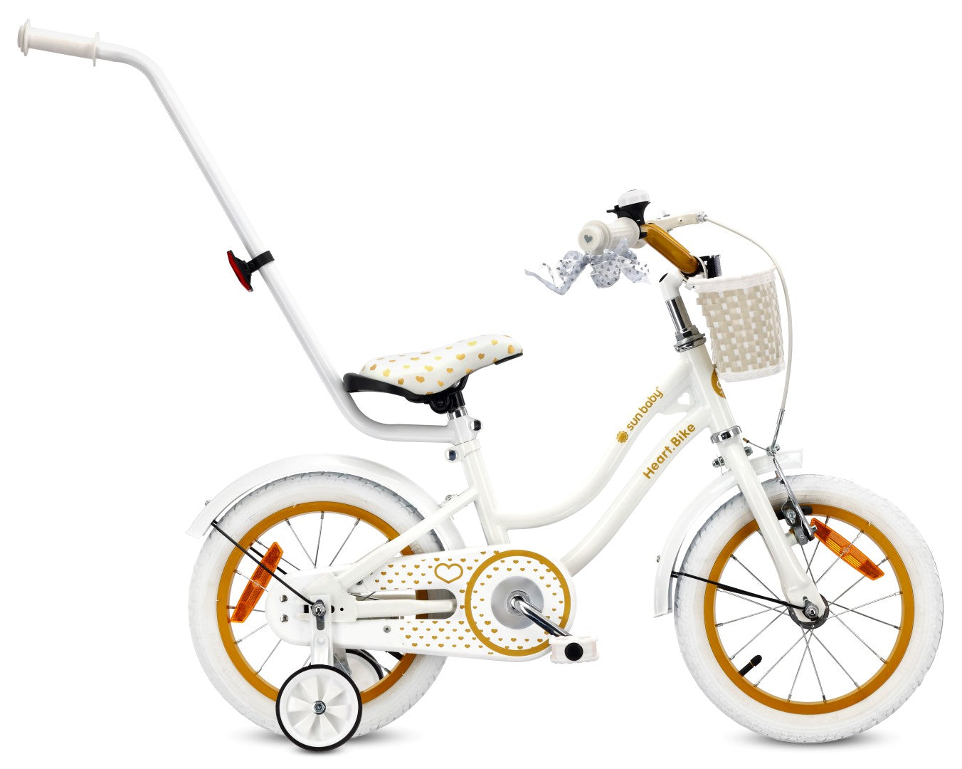 14 inch girl's bike, pusher, side wheels, basket, heart bike, white and gold