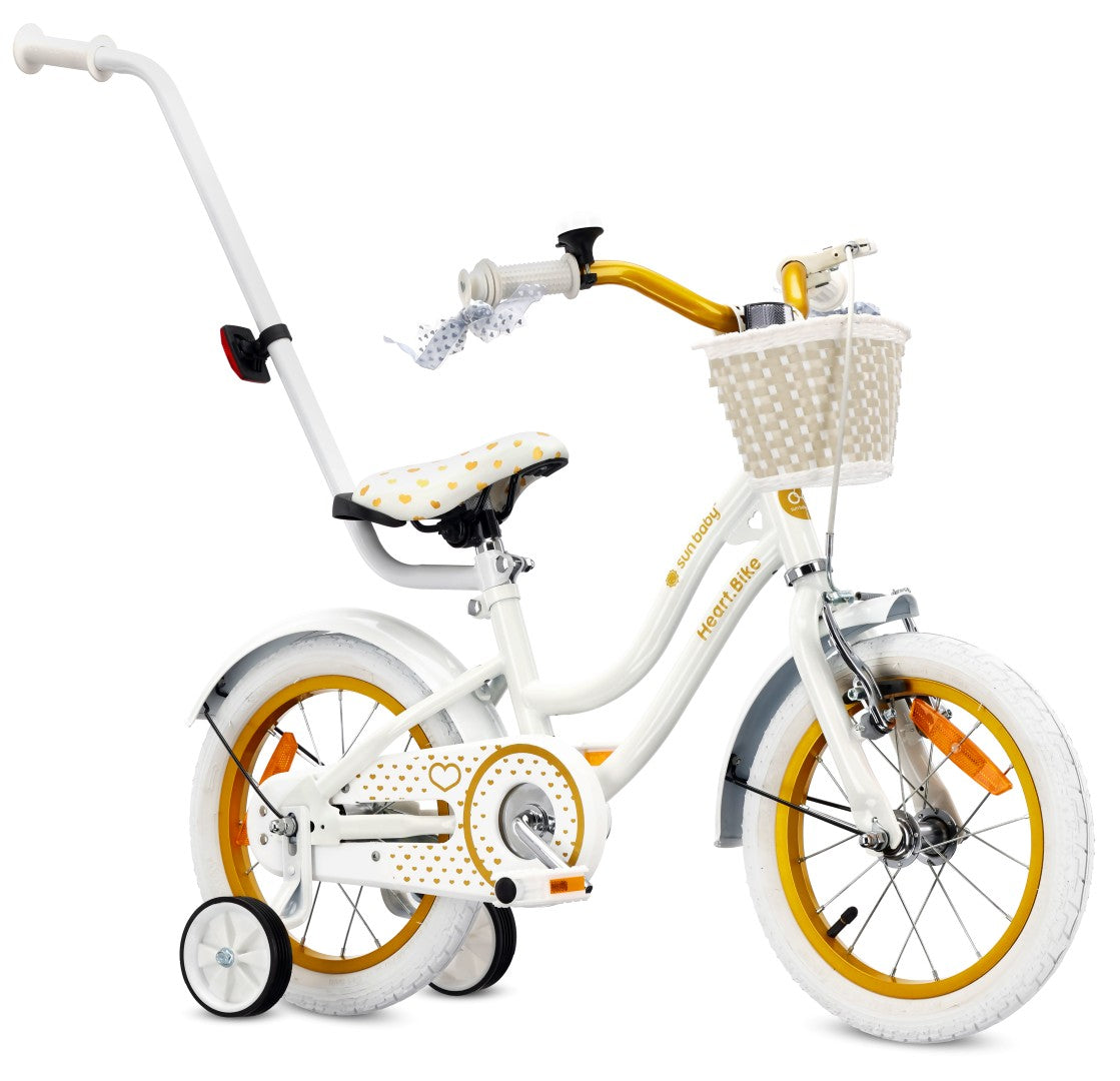 14-Zoll-Mädchenfahrrad, Schieber, Seitenräder, Korb, Herz-Fahrrad, weiß und gold
