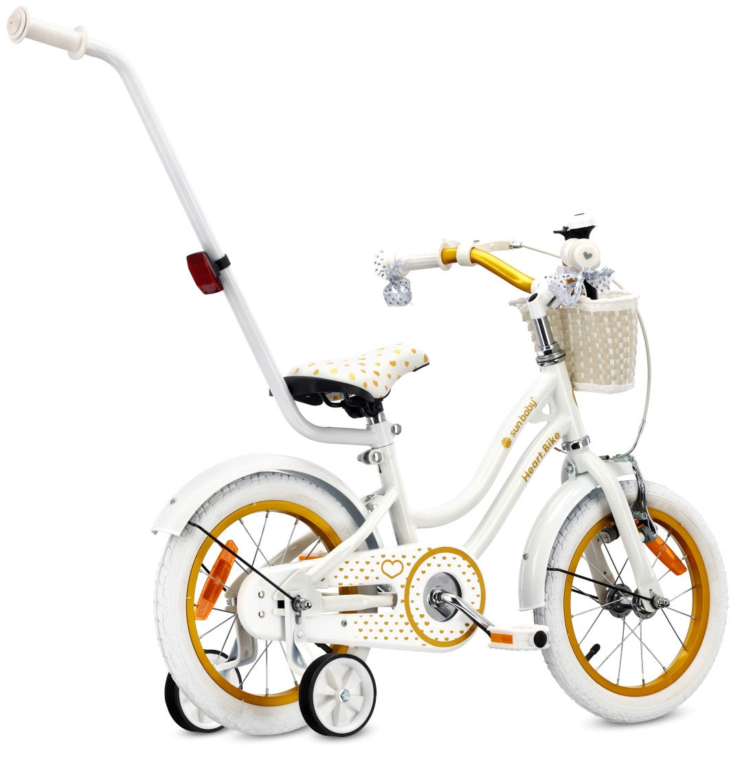 14-Zoll-Mädchenfahrrad, Schieber, Seitenräder, Korb, Herz-Fahrrad, weiß und gold