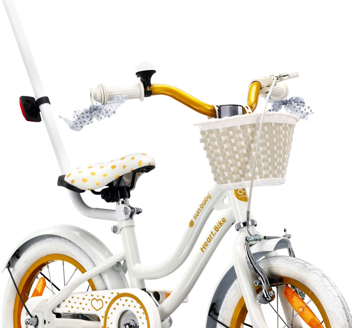 14-Zoll-Mädchenfahrrad, Schieber, Seitenräder, Korb, Herz-Fahrrad, weiß und gold