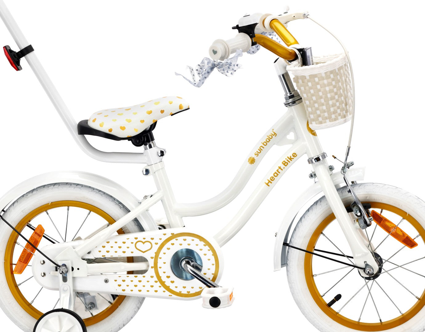 14-Zoll-Mädchenfahrrad, Schieber, Seitenräder, Korb, Herz-Fahrrad, weiß und gold
