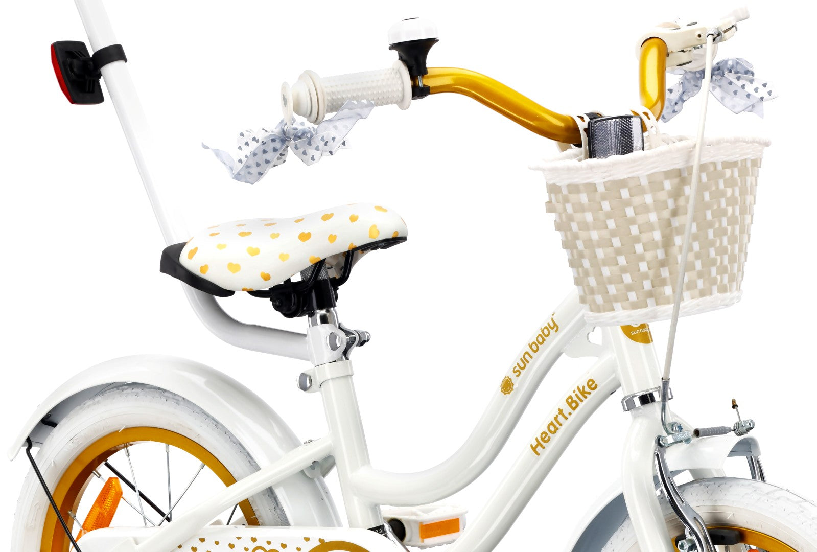 14-Zoll-Mädchenfahrrad, Schieber, Seitenräder, Korb, Herz-Fahrrad, weiß und gold