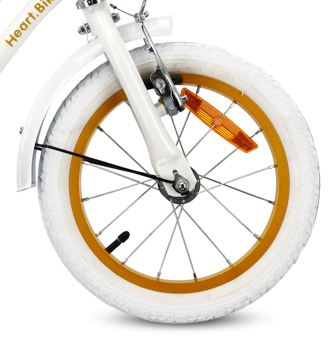 14-Zoll-Mädchenfahrrad, Schieber, Seitenräder, Korb, Herz-Fahrrad, weiß und gold
