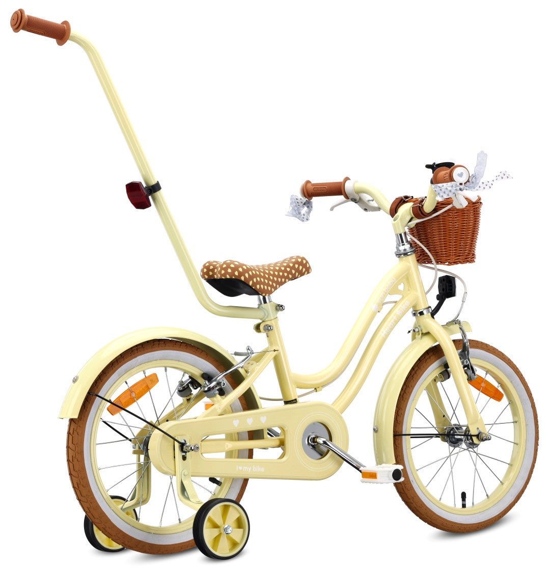 Rower dziecięcy 16 cali dla dziewczynki 4 5 6 lat Prowadnik Koszyk Kółka boczne Dzwonek Heart Bike Butter yellow