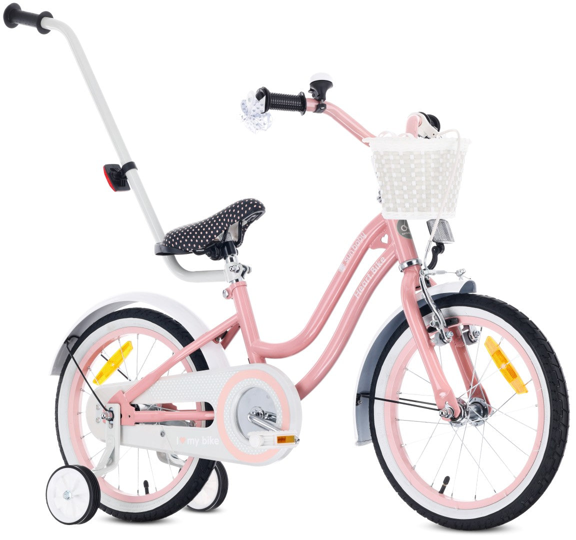16-Zoll-Mädchenfahrrad mit Schieber und Stützrädern, Herz-Fahrrad, pink
