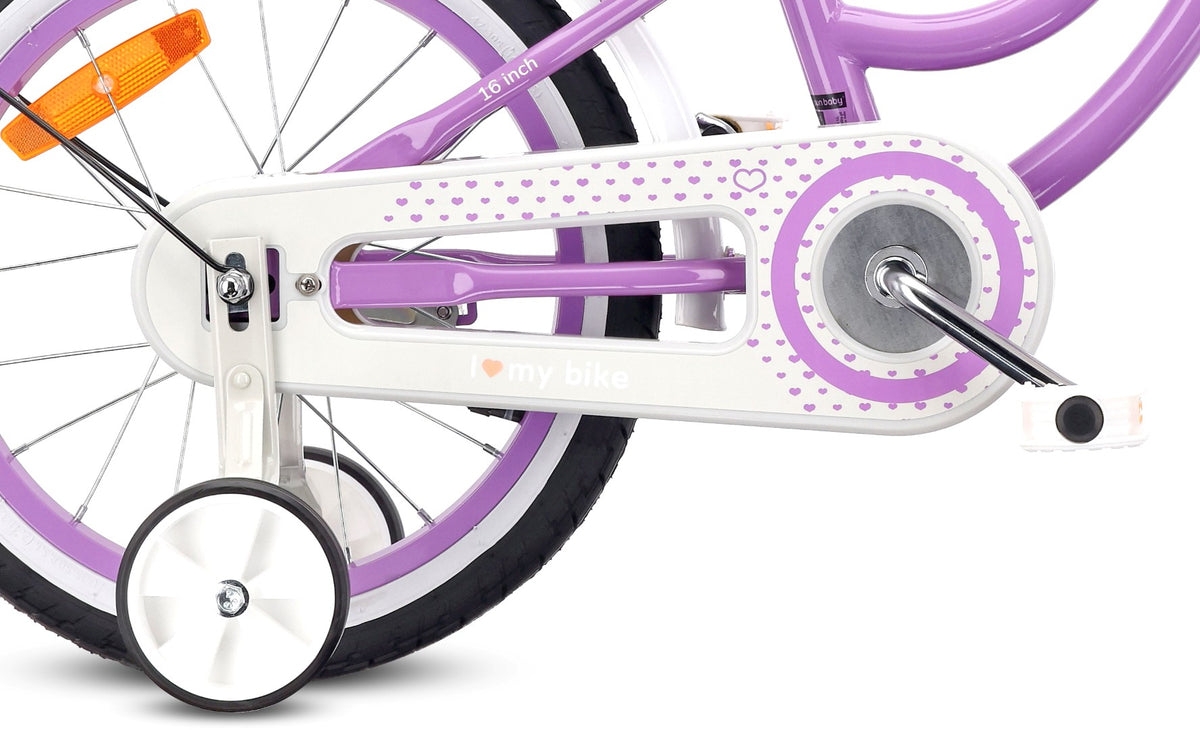 Rower dla dziewczynki 16 cali Pchacz kółka boczne Heart Bike fioletowy