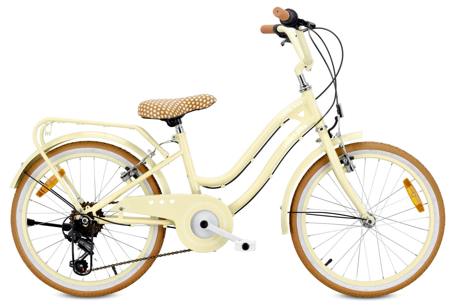 Rower dziecięcy 20 cali dla dziewczynki Shimano 6 biegów 5 6 7 8 lat Bagażnik Stopka Retro Heart Bike Butter yellow