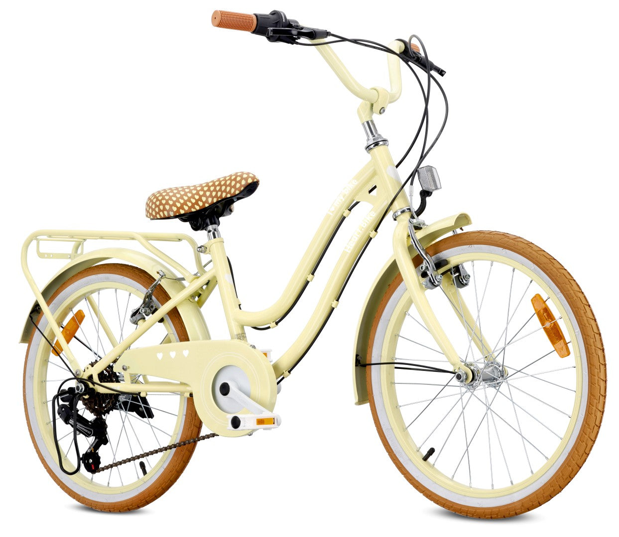 Rower dziecięcy 20 cali dla dziewczynki Shimano 6 biegów 5 6 7 8 lat Bagażnik Stopka Retro Heart Bike Butter yellow