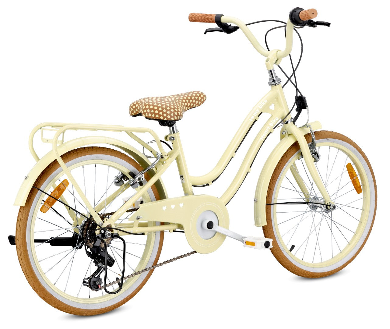 Rower dziecięcy 20 cali dla dziewczynki Shimano 6 biegów 5 6 7 8 lat Bagażnik Stopka Retro Heart Bike Butter yellow