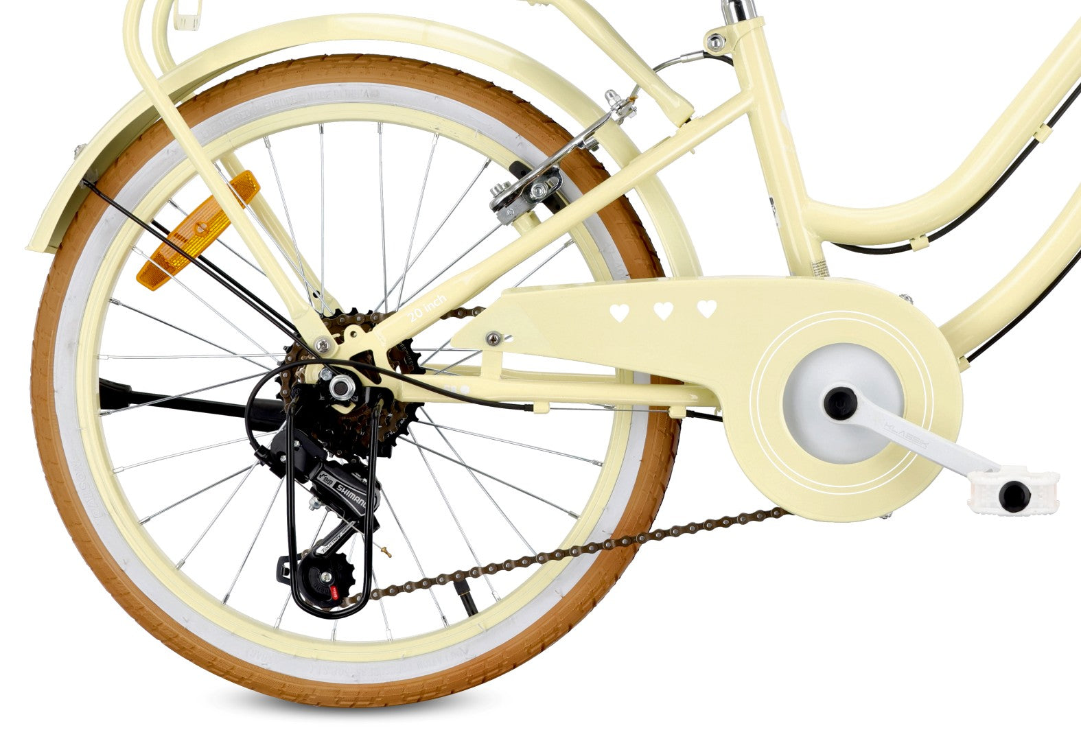 Rower dziecięcy 20 cali dla dziewczynki Shimano 6 biegów 5 6 7 8 lat Bagażnik Stopka Retro Heart Bike Butter yellow