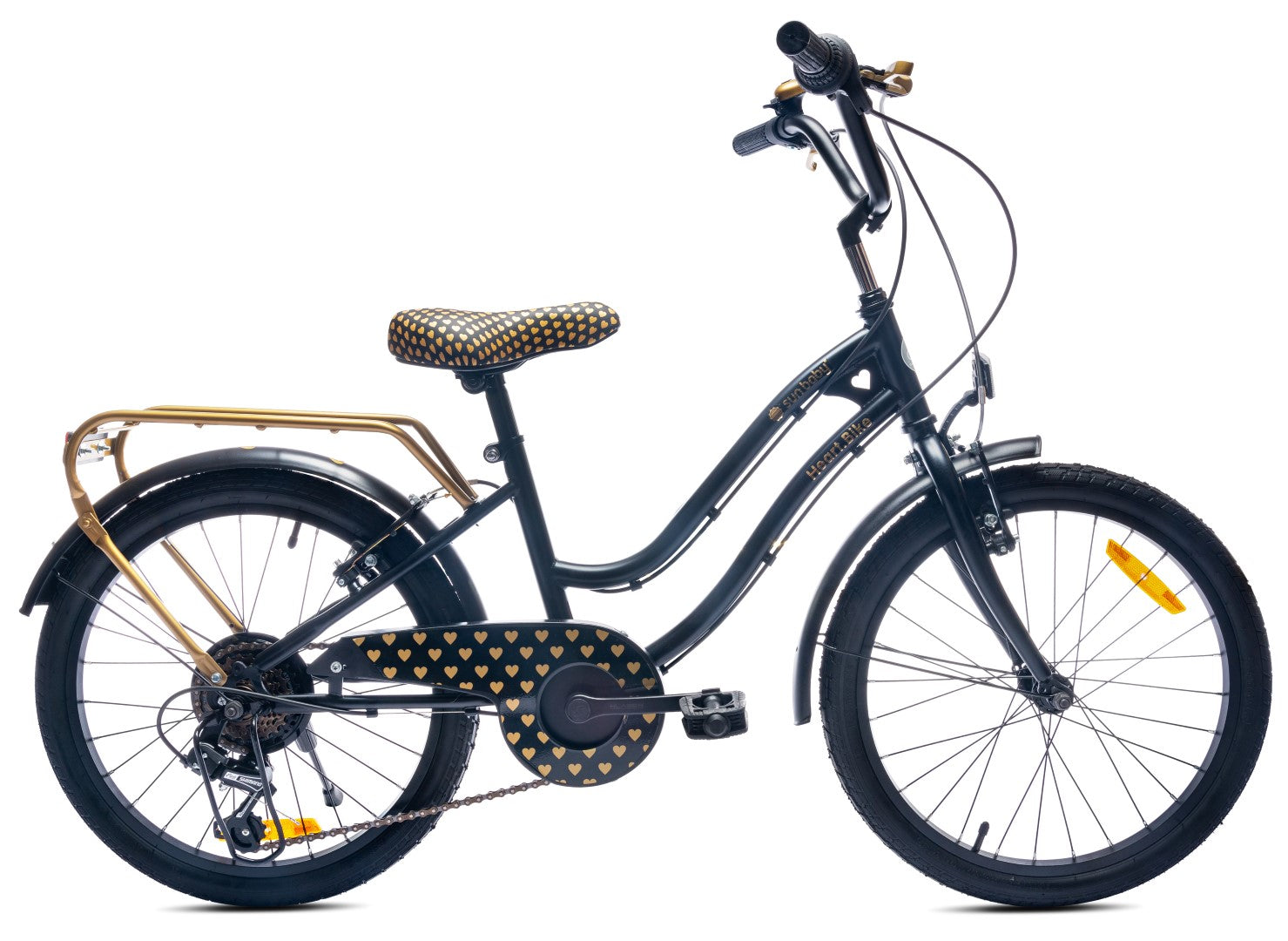 20-inch girls' bike with a 6-speed Shimano Tourney cassette and a Revoshift Heart Bike shifter, black and gold 