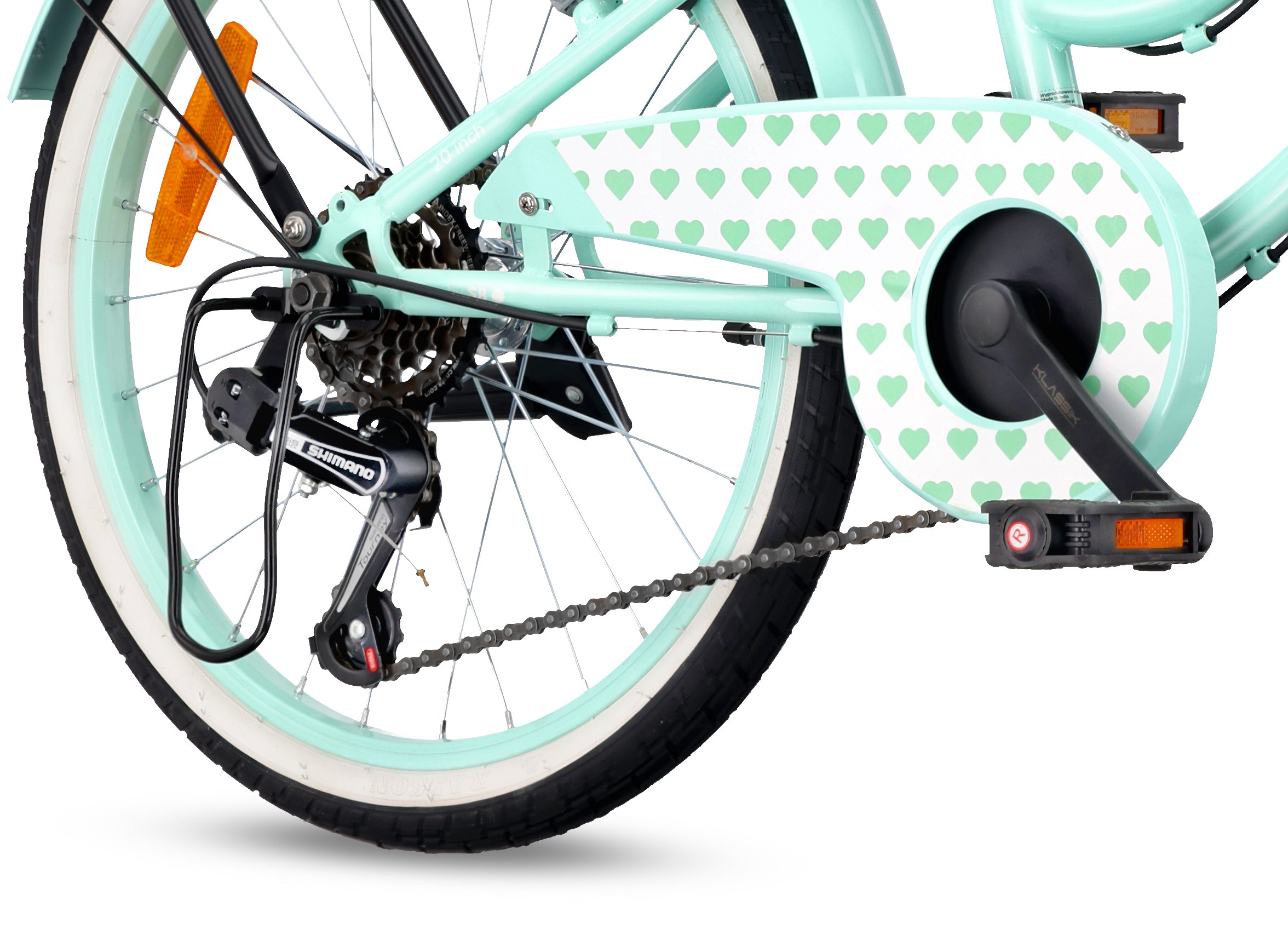 20-inch girls' bike with a 6-speed Shimano Tourney cassette and a Revoshift Heart Bike shifter, mint 