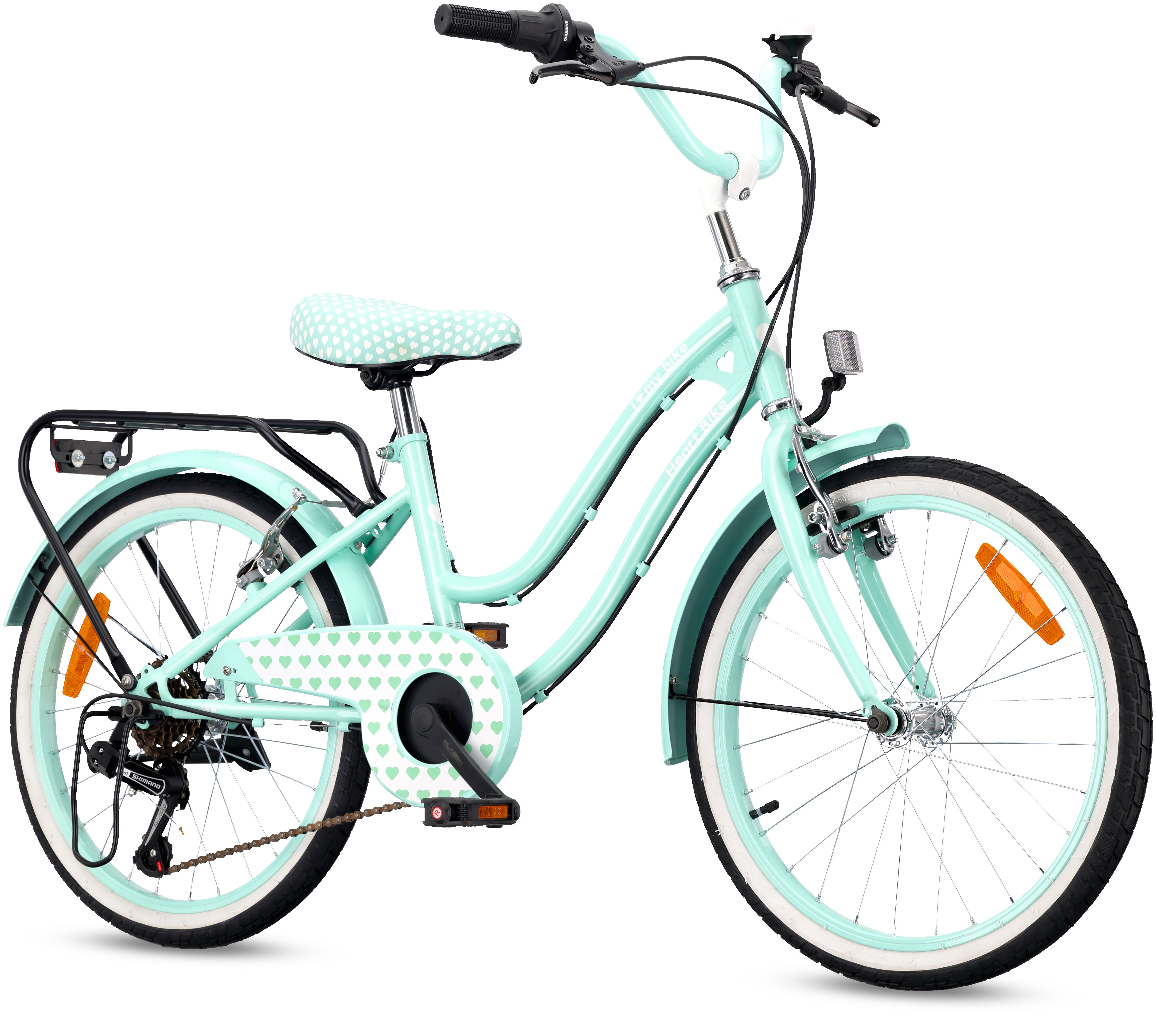 20-inch girls' bike with a 6-speed Shimano Tourney cassette and a Revoshift Heart Bike shifter, mint 