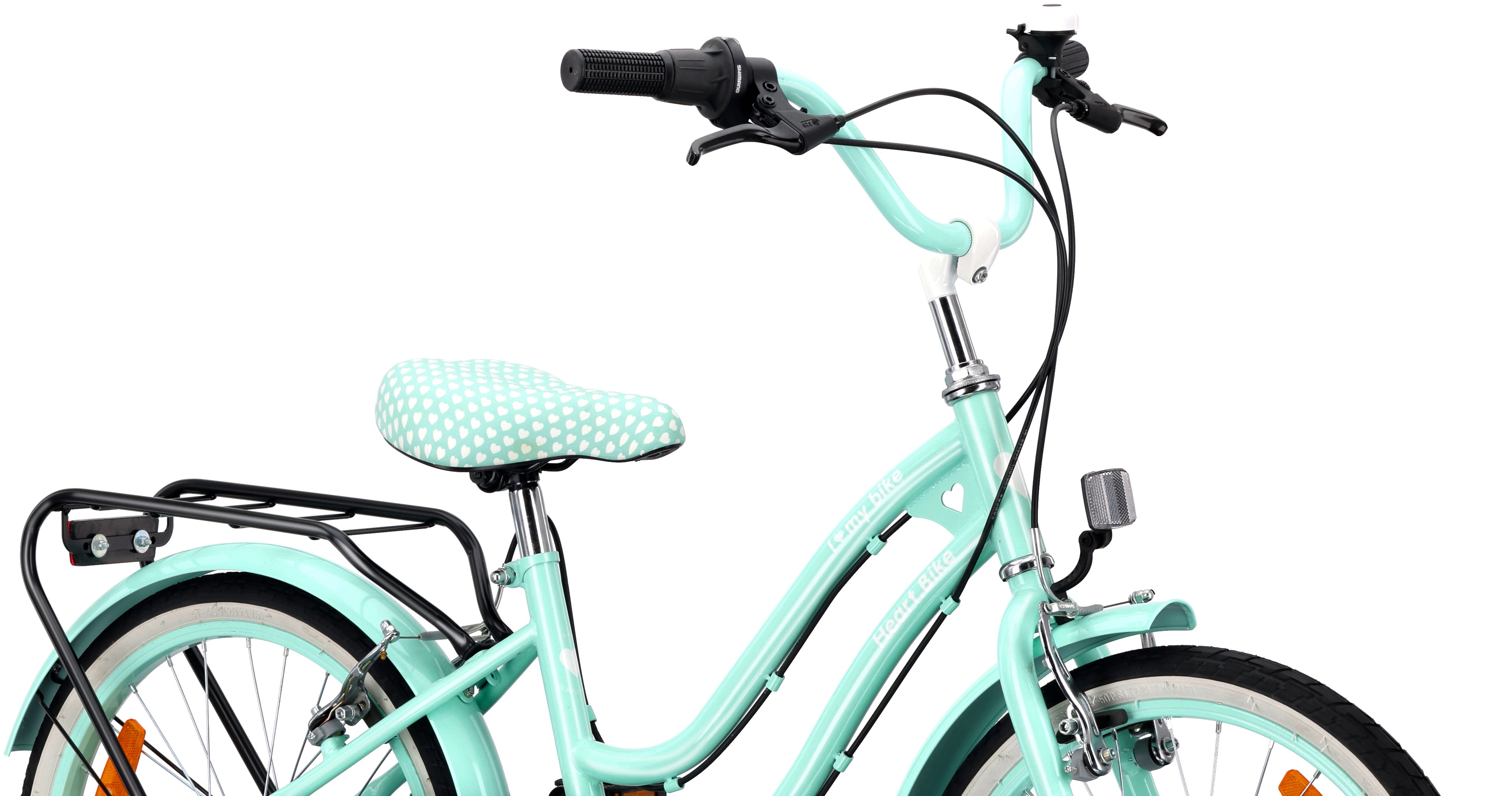 20-inch girls' bike with a 6-speed Shimano Tourney cassette and a Revoshift Heart Bike shifter, mint 