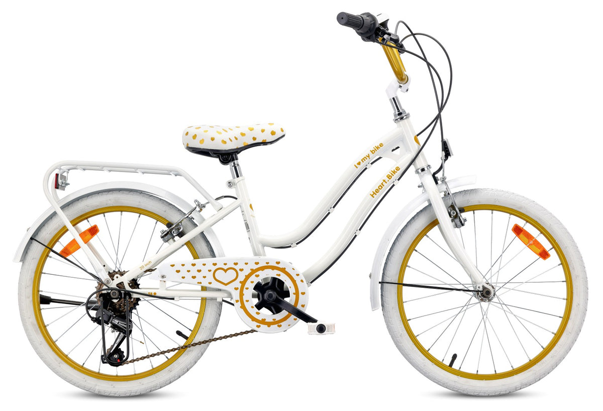 20-inch girls' bike with a 6-speed Shimano Tourney cassette and a Revoshift Heart Bike shifter, gold and white