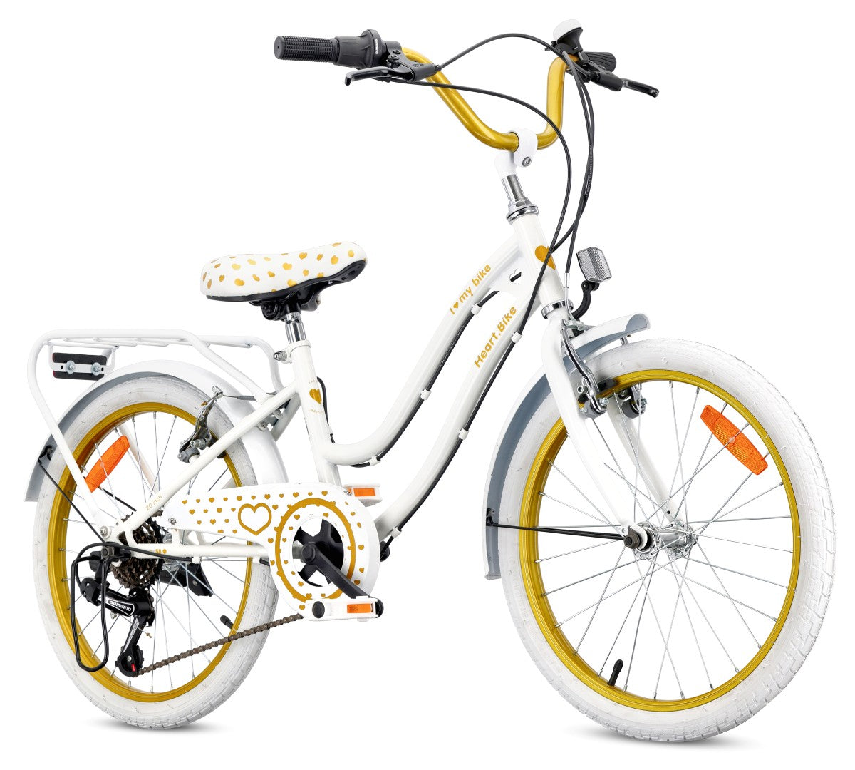 20-inch girls' bike with a 6-speed Shimano Tourney cassette and a Revoshift Heart Bike shifter, gold and white