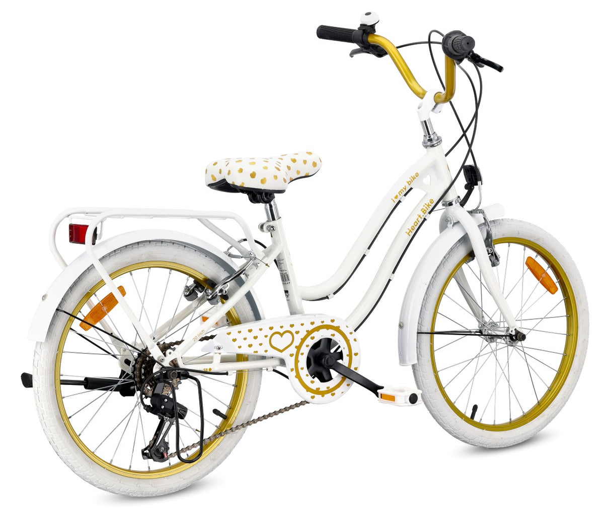 20-inch girls' bike with a 6-speed Shimano Tourney cassette and a Revoshift Heart Bike shifter, gold and white
