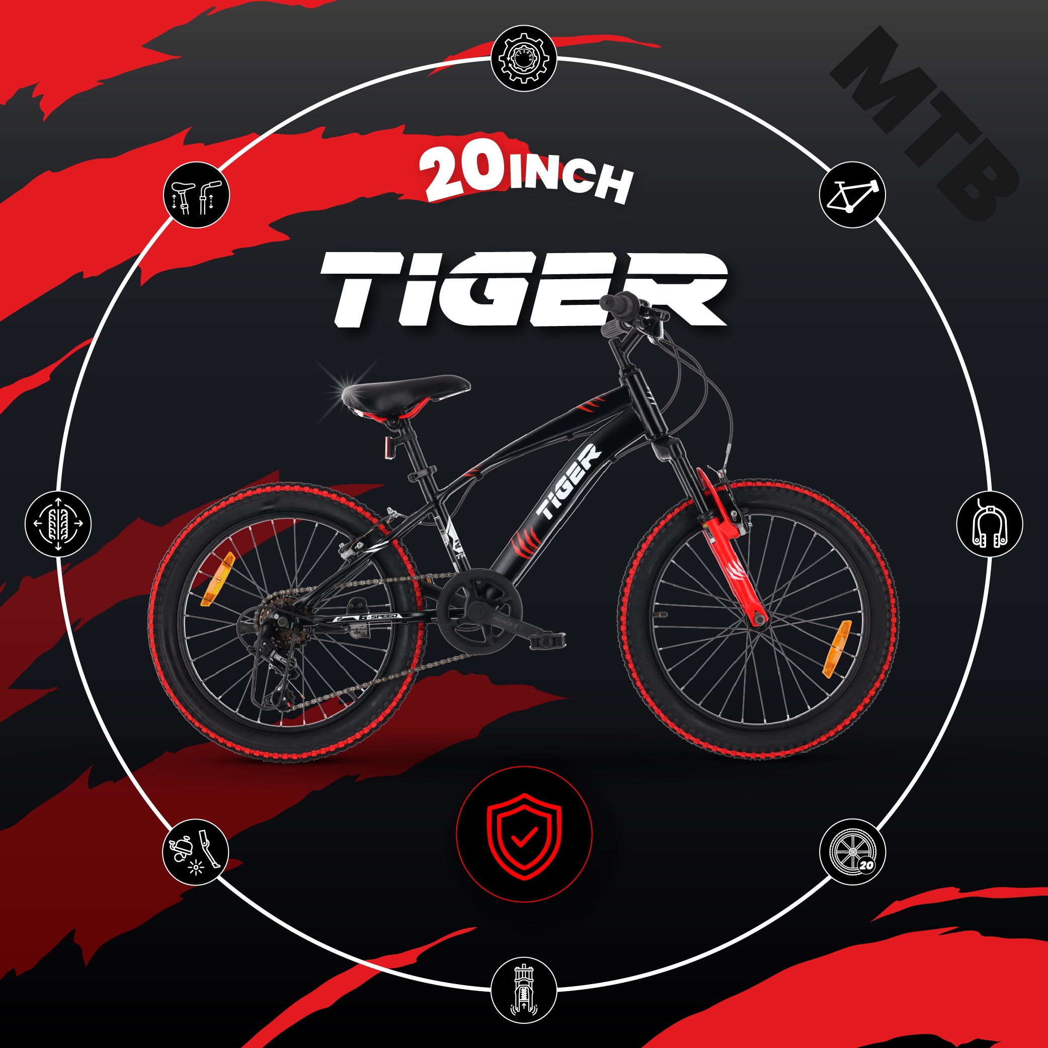 Jungenfahrrad 20 Zoll, 6-Gang-Shimano-Gang-Federung, breite Reifen, Revoshift, Tiger Bike, schwarz/rot